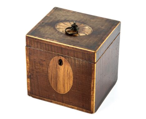 A Georgian mahogany square tea caddy the hinged lid with centralised fruitwood inlay and banding, 4¼in. (10.8cm.) square and 