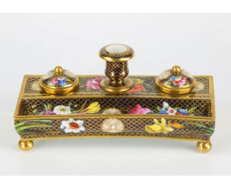 A Spode porcelain inkstand 19th century, rectangular form, floral sprays on a cobalt blue and gilt fish scale ground, central