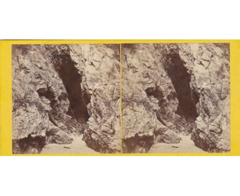 A Guernsey interest stereoview card depicting Picots Cave at Petit Bot, by T. B. Hutton, pastedown title verso.