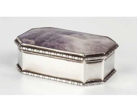 A 19th century silver snuff box Birmingham, rubbed marks, stretched octagonal form, hinged lid inset with Amethyst (cracked),