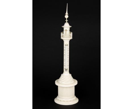 A 19th century carved ivory tower thermometer Continental, with tall spire finial, railed top and mercury tube with dual Fahr