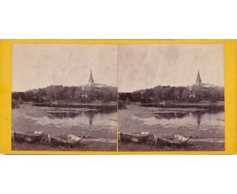 A Channel Islands stereoview card The Vale Church, Guernsey, with pond to the foreground, by T. B. Hutton, pasted title verso