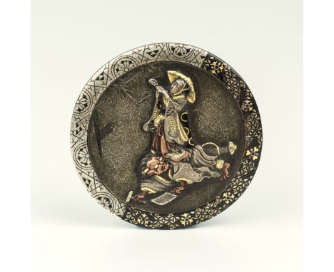 An inlaid plate from a kagamibuta netsuke a well executed, mixed metal plate from a kagamibuta netsuke depicting a fujimuseme