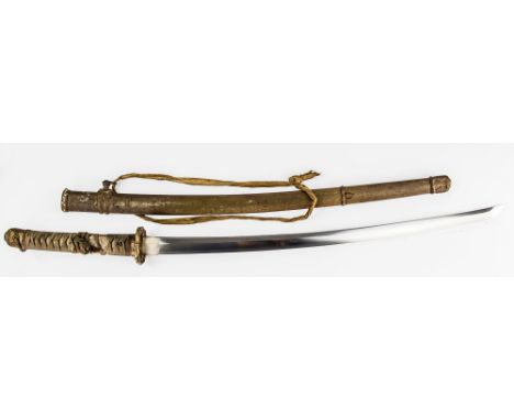 A Japanese Katana early 20th century, ray-skin grip with braid overlay, bronzed butt-cap and shaped tsuba with floral decorat