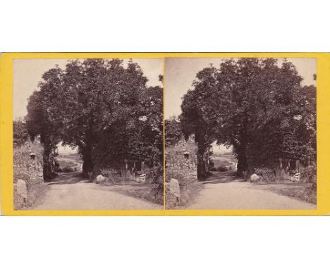A Channel Islands stereoview card depicting a winding lane off Cobo Bay, Guernsey, by T. B. Hutton, paste down title verso.