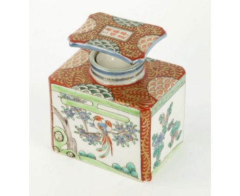 A Japanese porcelain tea caddy early 20th century, rectangular box form body decorated with panels of avian subjects amongst 