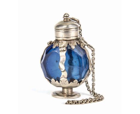 An antique silver and blue glass 'pilgrim flask' scent bottle probably 18th century, Continental, unmarked, the facet cut bod