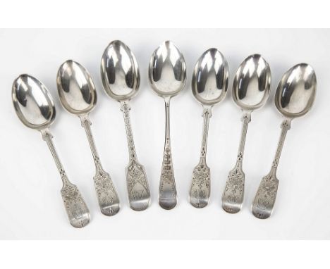 A set of five George V silver dessert spoons overstruck maker's mark for C. T. Maine, Jersey, hallmarked London 1934, bright 