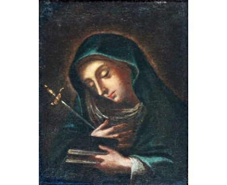 Continental School (late 18th century) head and shoulders portrait of The Madonna, with head bowed, clasping a sword across h