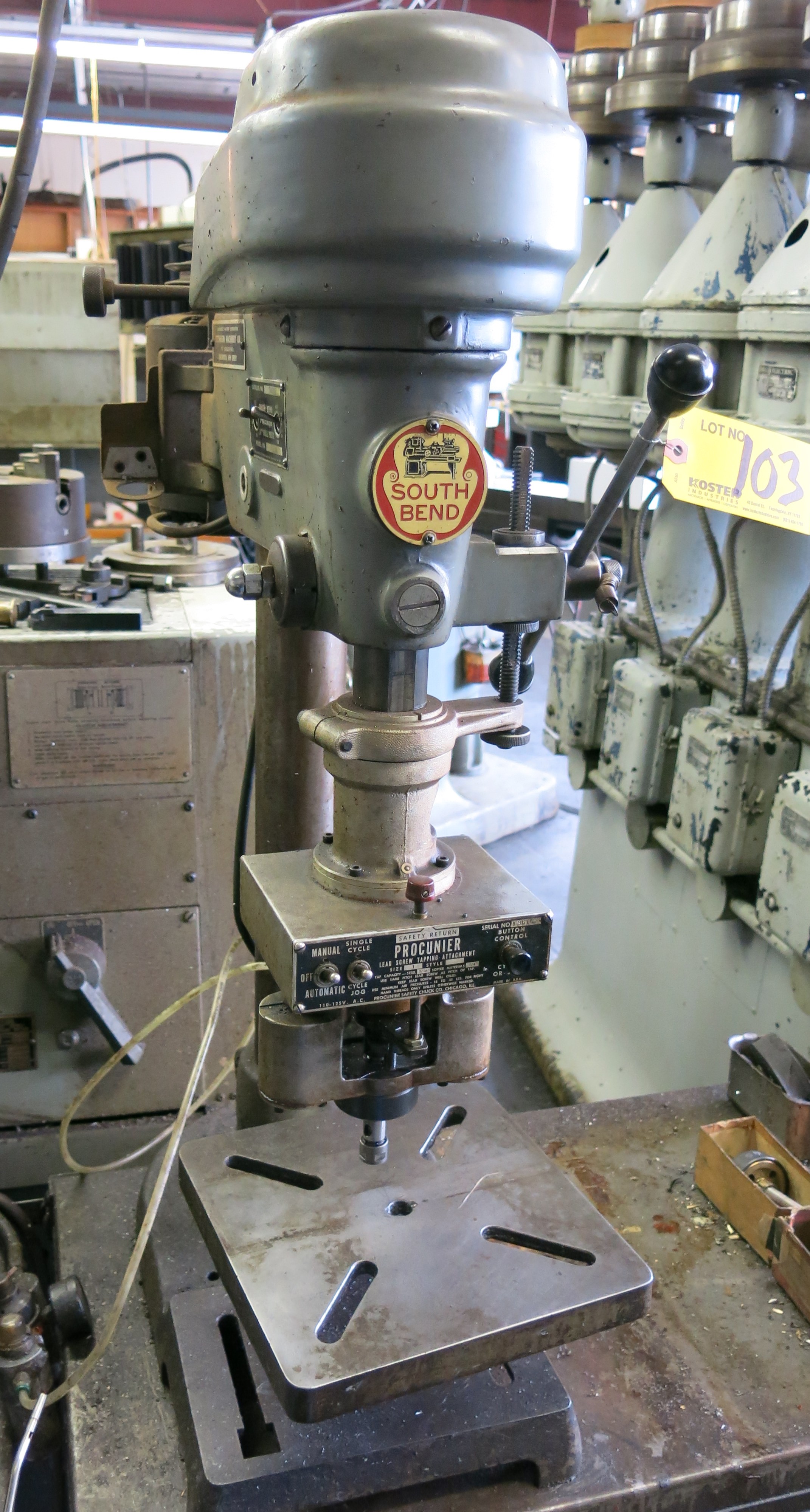 (1) SOUTH BEND CATALOG NO. CD400B 14" DRILL PRESS\WITH PROCUNIER LEAD SCREW TAPPING HEAD, PRESS M
