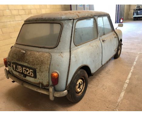 A 1961 Austin Mini Se7en project, registration number YJB 626, chassis number AA2S7 134958 engine number AA2S7 187477, blue. 