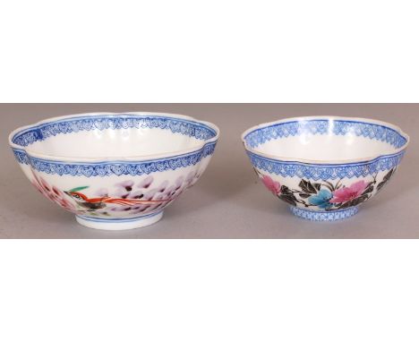 TWO SMALL 20TH CENTURY CHINESE EGGSHELL PORCELAIN BOWLS, each of lobed hexafoil form, each base with a seal mark in blue enam