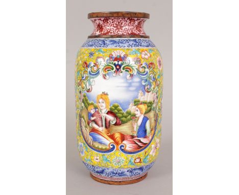 A GOOD QUALITY CHINESE YELLOW GROUND EUROPEAN SUBJECT CANTON ENAMEL VASE, decorated with two panels of European ladies, the p