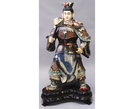 A VERY LARGE 20TH CENTURY CHINESE STAINED BONE FIGURE OF A STANDING WARRIOR, together with a mother-of-pearl inlaid hardwood 