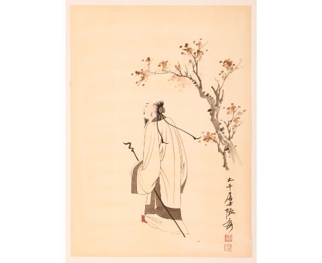 A 20TH CENTURY CHINESE ALBUM OF TEN PICTURES, each with calligraphy and an artist's seal, each picture depicting a sage, the 