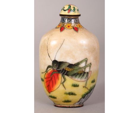 A CHINESE CANTON ENAMEL SNUFF BOTTLE & STOPPER, the sides decorated with locusts, the base with a four-character Qianlong mar