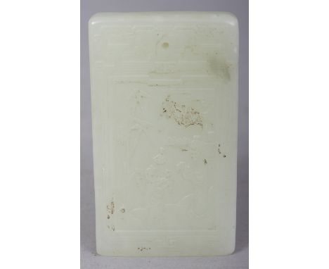 A CHINESE CELADON JADE-LIKE RECTANGULAR PENDANT, 2.25in x 1.25in.