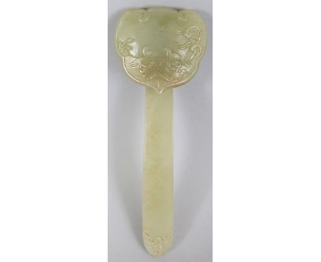 A FINE QUALITY CELADON JADE CARVING OF A RUYI SCEPTRE, carved in shallow relief with ducks in a lotus pond, the end of the ha