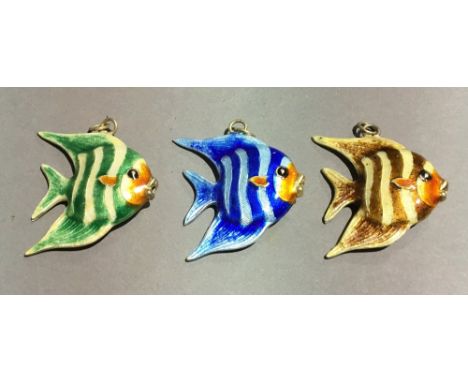 Three Chinese silver and enamel fish pendants