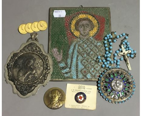 A white metal and enamel brooch, together with other jewellery and an enamel icon