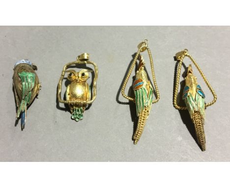 Four Chinese silver and enamel bird pendants