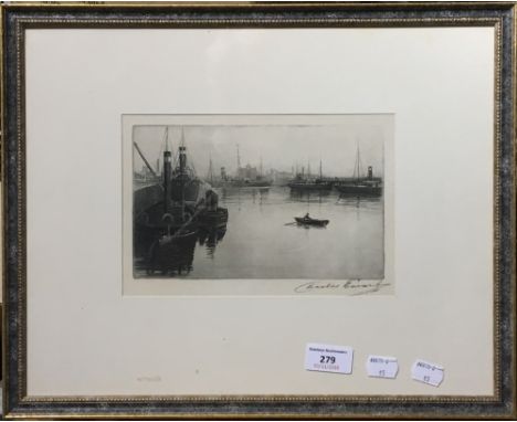 A 19th century port scene print, indistinctly signed, framed and glazed