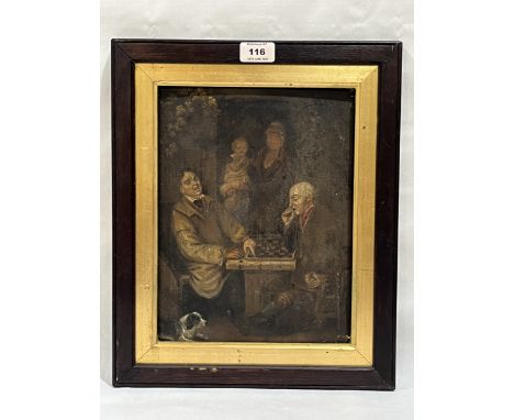 AFTER DAVID WILKIE RA. Interior scene with figures playing draughts. Over-painted print on board 12" x 9"