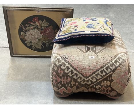 An upholstered stool. 24" wide; a tapestry picture and a velvet and tapestry cushion (3)