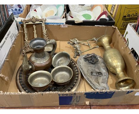 Two brass strut frames, eastern metalware and a chatelaine