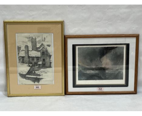 A pencil drawing by Mildred Oversby, Old House in Douglas 10M, 11½" x 7½", with a steel engraving by Edward Brandard after JM