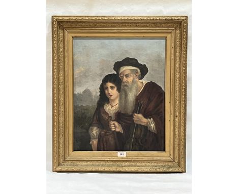 TURKISH SCHOOL. 19TH CENTURY  Old man with violin and young female companion with distant mosque. Oil on lined canvas 21" x 1