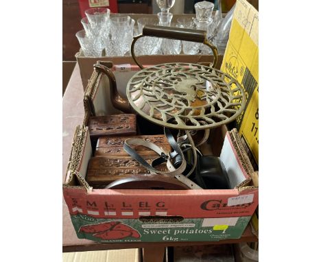 A copper kettle, brass trivet etc.