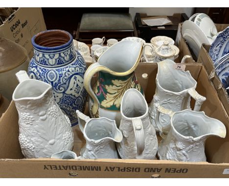 A box of ceramics to include Portmeirion Parian  jugs