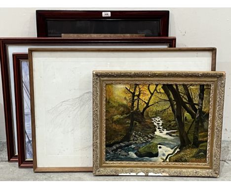 A watercolour sketch of Clee Hill; a framed oil and three prints