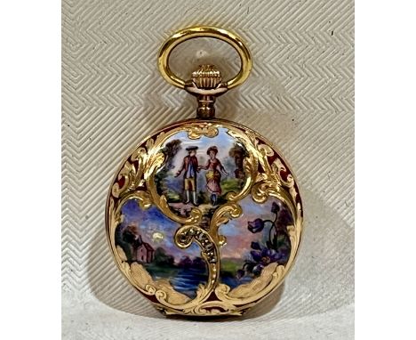 An early 20th century French fob watch, the 18ct gold and enamel case set with old cut white stones. 29mm diam.