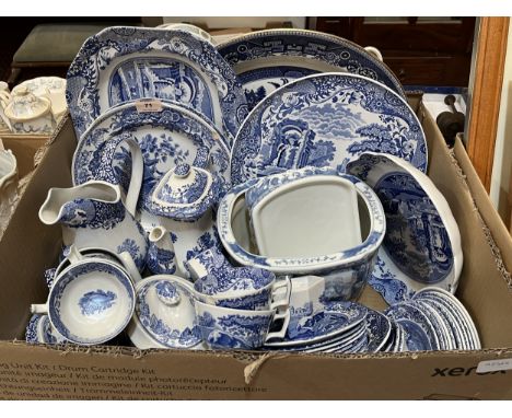 A box of Spode and other blue and white ceramics 