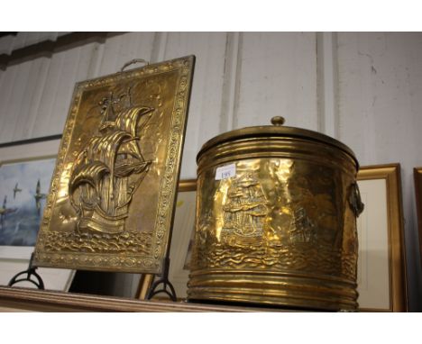 A brass embossed coal box; and a brass embossed firescreen