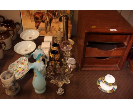 A quantity  of clear glass paperweights; four Caithness Art Glass paperweights; a pair of Victorian opaque glass jugs etc.