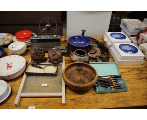 An oak oval drinks tray; a Roberts radio; a fan - sold as collector's item; chamber stick; horn handled cutlery etc.