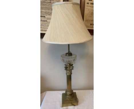 A 19thC brass table lamp with a Corinthian column and brass bowl. Converted from an oil lamp, 70cms h with cream shade includ