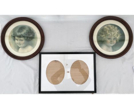 A pair of circular prints in wooden circular frames of two children by Bessie Pease printed by Gutmann N.Y. Print 27cm, frame