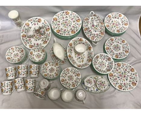 Minton Haddon Hall dinner and tea ware, vases, pin dish, trinket box. 72 pieces. John Wadsworth design. Floral pattern with g
