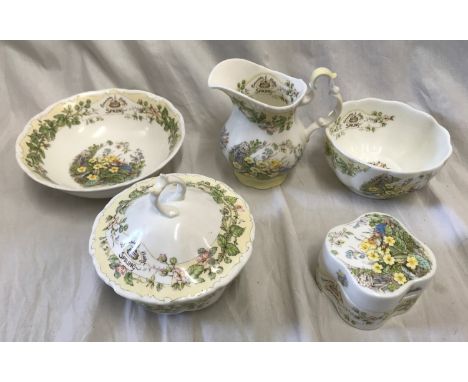 Five Royal Doulton "Brambly Hedge" Spring series to include a powder bowl 12cms h x 12.5cms d, a lidded trinket pot 8cm w x 5