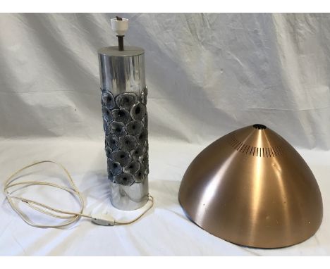 A retro aluminium lamp base with floral hole design to centre section 41cms h x 9cm d together with a copper coloured light b