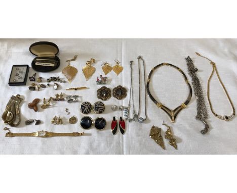 A selection of costume jewellery to include necklaces, cufflinks, earrings, tie clip, brooch, avia watch, collar inserts etc 