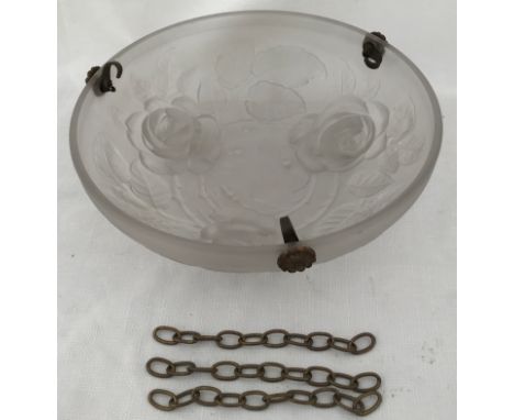 A frosted glass ceiling light bowl with embossed rose and leaf pattern. 34.5cm w x 11cm h. Hanging chains included.