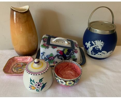 Various ceramics to include 2 Maling items, a Poole jam pot, a Royal Winton vase. Adams biscuit barrel, and a Losol ware plat