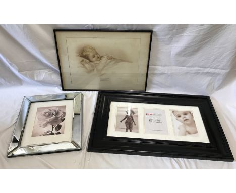 A Bessie Peace Gutmann baby print "Mighty Like a Rose". Print 40cm x 28cm. Frame 52cm x 38cm. With two photo frames, one with