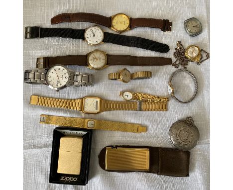 A selection of watches to include a ladies and a gents Onsa watch  together with a Zippo and a Ronson lighter and a metal wat
