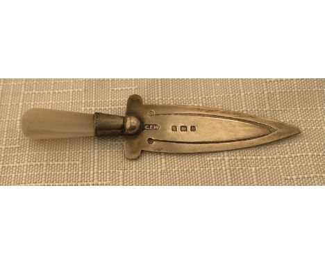 A small hallmarked silver page marker trowel with mother of pearl handle. G.E.W. Birmingham 1901Condition ReportSlight bend t